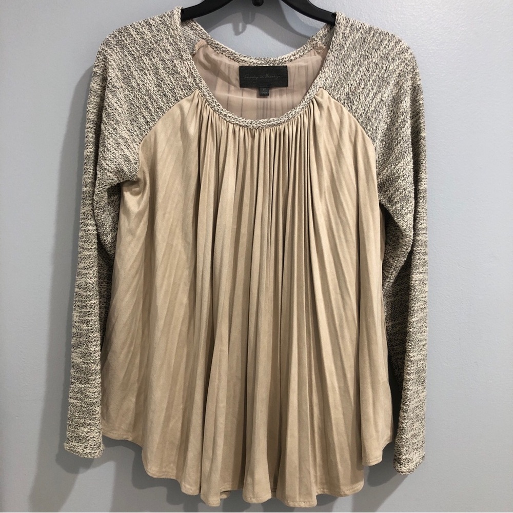 Anthropologie Sunday in Brooklyn Pleated Blouse Tan Gray Top Size XS